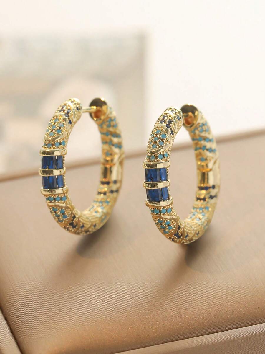 1 Đôi bông tai Zirconia xanh phong cách cổ điển, bông tai tròn sang trọng thanh lịch phù hợp cho trang phục đi làm hàng ngày của phụ nữ - Vàng - Xem 1