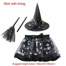 3pcs Halloween Witch Hat, Magic Broom, Bat Skirt Party Costume Set, Orange Pumpkin, Witch, Bat, Skull Print Skirt, Skirt Length 30cm, Suitable For Halloween, Carnival, Day Of The Dead, Evening Party Accessories - Multicolor - View 15