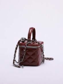 1pc Fashion PU Quilted Rhinestone Embroidery Box Bag, Zipper Small Square Bag, Women's Handbag With Chain Strap, Burgundy, Fashionable Burgundy Bag , Red Bag , Burgundy Bag - Burgundy - View 7