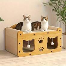 2 en 1 Casa y Rascador para Gatos, 1 Set de Cama de Madera con Rascador para Gatos, Cartón Resistente con Juguetes Colgantes, Cama Multifuncional para Gatos Adecuada para Múltiples Gatos con Zona de Descanso y Zona de Actividad, Estructura Resistente al Rayado, Fácil Montaje, Comodidad para Todas las Estaciones, Regalo Perfecto para Amantes de las Mascotas, Juguetes para Mascotas, Suministros para Mascotas