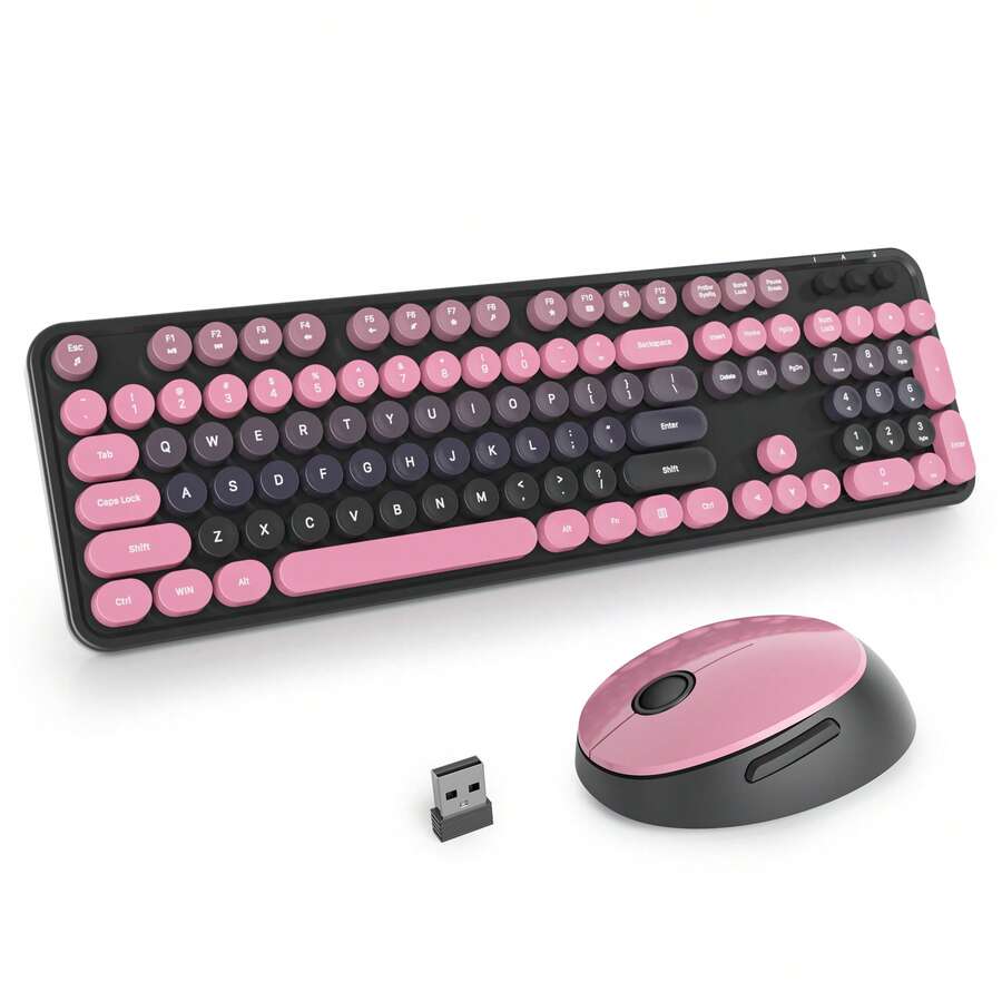 Conjunto de teclado y ratón inalámbricos, bonito conjunto de teclado y ratón, teclado de máquina de escribir de tamaño completo con teclado numérico, teclado colorido con teclas redondas para PC portátil con Windows - Rosa Fucsia - Ver 1