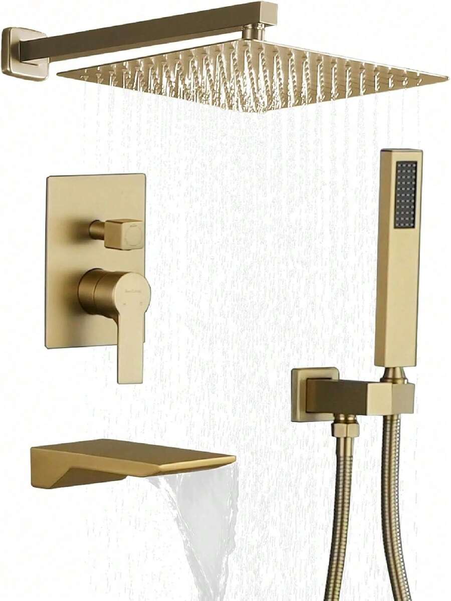 Wall Mount Shower System With 12 Inch Rain Head, Handheld Sprayer, And Waterfall Tub Spout – Brushed Nickel, 3-Function Valve Included