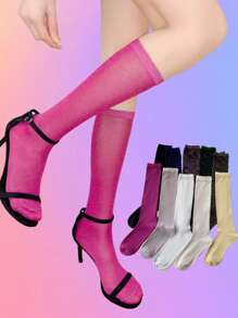 1 Pair Women's Fashionable Everyday Wear Glitter Shimmer Knee-High Socks - Multicolor - View 3