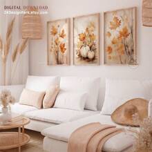 2 PIEZAS/3 PIEZAS Impresiones de decoración de otoño, arte imprimible de hojas de otoño de estilo granja, impresión digital de calabaza de otoño pintura acuarela, arte de pared de otoño