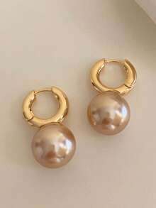 1 Pair Copper Alloy Faux Pearl Fashion Hoop Earrings, Versatile For Commuting & Daily Wear - Coffee Brown - View 6