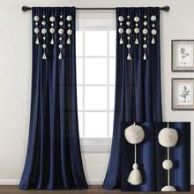 LUSH DECOR Boho Pom Pom Tassel Linen Window Curtain Panel Navy Single 52X84 Halloween-Fall Decor-Room Decor - Hải quân - Xem 2