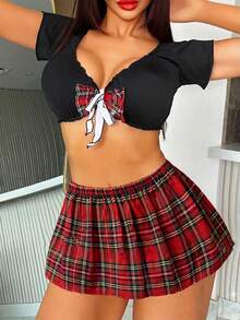 3-Piece Women's Black Collared Shirt With Lace Trim + Plaid Skirt Set | Sexy Lingerie-Inspired | Y2K Grunge & E-Girl Outfit | Party Queen Look | Gift Included - 黑色 - 查看 4
