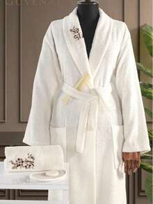Shawl Collar Cotton Bathrobe with Embroidery detail on collar - S/M - L/XL- Made in Turkiye - 香檳色 - 查看 1