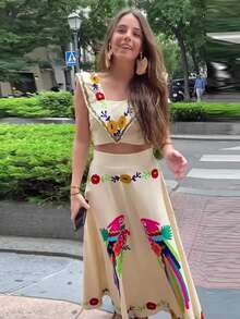 Women's 2 Pieces Large Swing Skirt Fashion Set Print Back Cami Top And High Waist Maxi Skirt For Party Club Nightout Cocktai-S