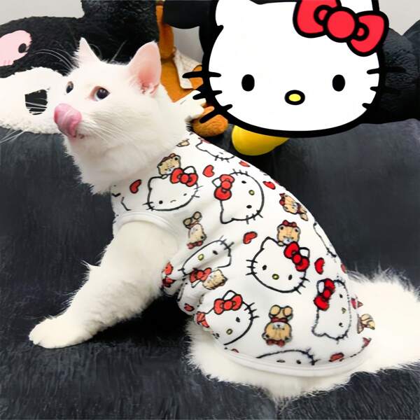 Camiseta Sanrio Hello Kitty com estampa de cachorro e gato, roupa quente para cães e gatos, camiseta ideal para animais de estimação de raças pequenas e médias, colete para animais de estimação (posição do padrão aleatória)