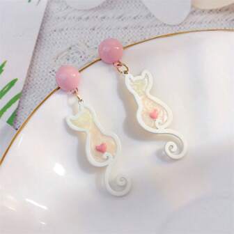 1 Pair Pink & White Contrast Cute Cat Stud Earrings