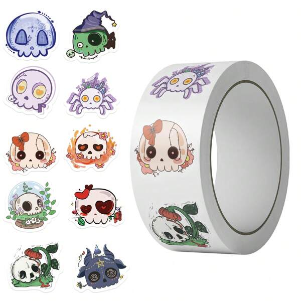 500 stuks Halloween Groovy Skull Stickers Rol - Koffer Beker Laptop Vakantie Decoratie Skateboard Gitaar Helm Papier-Knip Boek DIY Stickers, Schoolbenodigdheden, Terug naar school