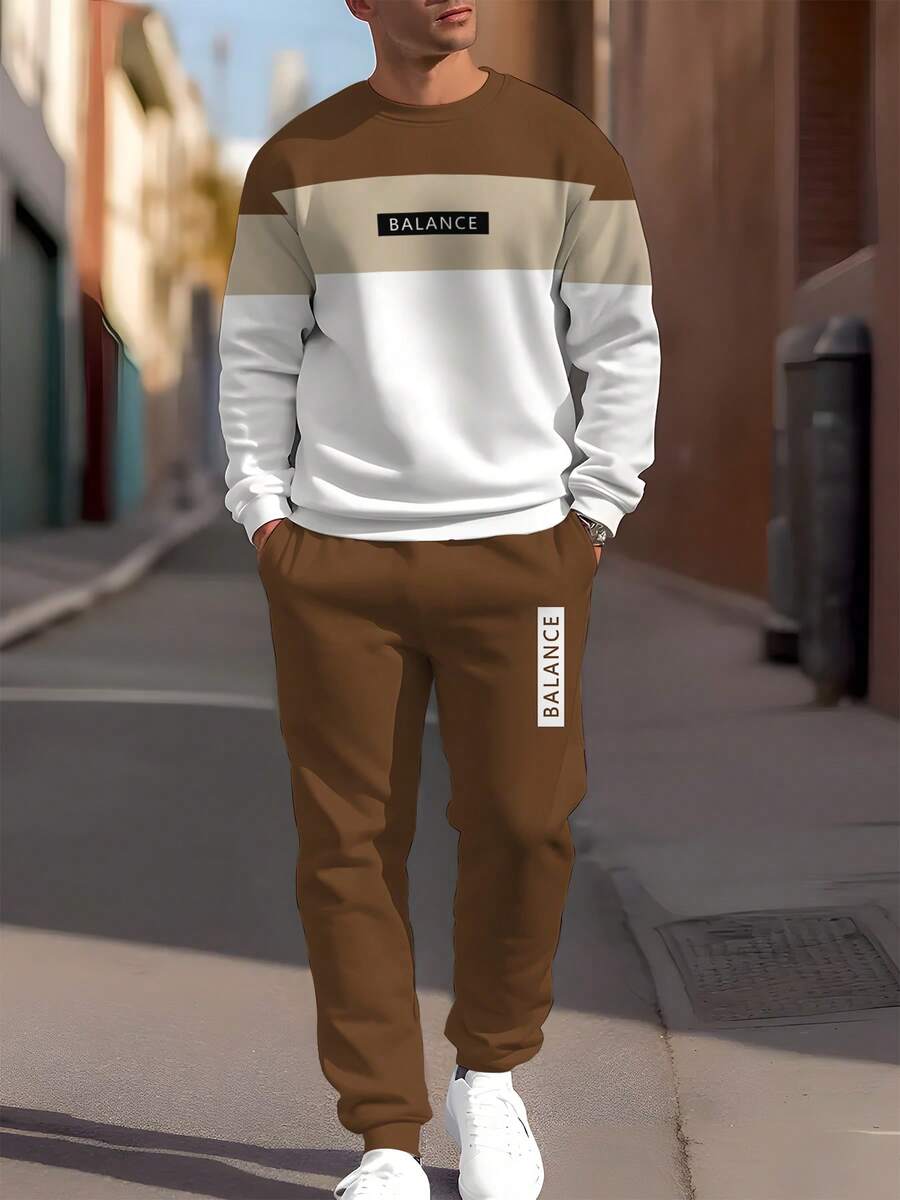Bộ đồ nỉ cổ tròn dài tay in chữ Colorblock dành cho nam, áo chui đầu họa tiết tối giản, áo nỉ chui đầu và quần dài, áo dài tay đa năng tập thể dục ngoài trời, chạy bộ và quần dài, bộ đồ nỉ thời trang 100% Polyester - Nhiều màu - Xem 1