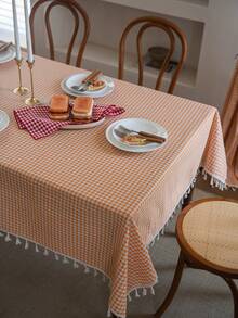 1 khăn trải bàn hình chữ nhật in họa tiết kẻ caro màu cam cho nhà bếp, khăn trải bàn ăn bằng vải lanh phong cách nông trại Bohemian của Mỹ có tua rua, miếng lót trang trí nhà cửa cho phòng ăn, nhà bếp, nhà hàng, tiệc tùng, mọi mùa - trái cam - Xem 11
