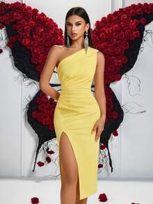 ADYCE 1pc Women Solid Color Pleated One Shoulder Front Slit Ball Gown, Party Dress Elegant Cocktail Semi Formal Prom Wedding Guest Dress, For Birthday,Dinner Formal Dresses, Homecoming Summer,Graduation Dress