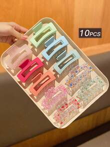 10pcs Women's Colorful, Soft & Slouchy, Minimalist Versatile Solid Square Hair Clips, Suitable For Daily Wear And Parties, Recommended As Gift Hair Accessories Vacay Beach Claw Clips - Multicolor - View 4