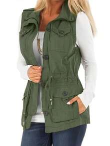 Fnortc Spring And Autumn Practical With Pockets Women's Workwear Vest Buttoned Sleeveless Jacket - xanh quân đội - Xem 3