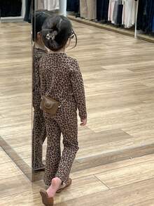 Girls Leopard Print Long Sleeve T-Shirt And Flare Pants 2-Piece Outfit, Fashionable And Stretchy, Autumn - Brown - View 4