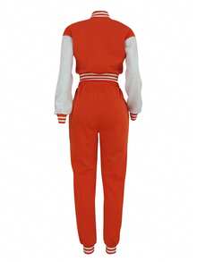 2pcs Women Casual Sports Style Patchwork Single-Breasted Baseball Jacket And Pants Set, Autumn/Winter