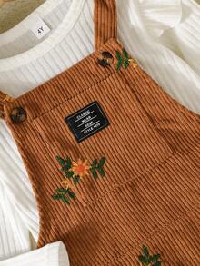 2 件幼儿女童套装：长袖 T 恤上衣 + 花卉印花连体裙，秋冬 - 棕色 - 查看 4