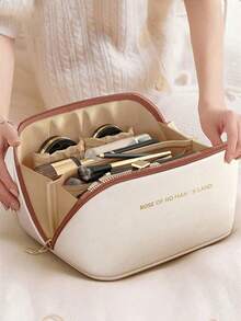 1 pieza Bolsa de maquillaje de PU impermeable, bolsa de almacenamiento de cosméticos de verano, de gran capacidad, con doble capa espaciosa y compartimentos, bolsa de maquillaje multifuncional para viajes de damas, bolsa de artículos de tocador, organización y almacenamiento de cosméticos, organización y almacenamiento de baño, regalos de Pascua, regalos para damas de honor, regalos del Día de la Madre, etc., adecuada para joyas, lápices labiales, esmalte de uñas y otras necesidades de viaje, necesidades de crucero, accesorios de viaje