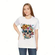 Cute Colorful R Skull Flowers Uni Dia De Los Muertos T-Shirt,Day Of The Dead, Mexican TShirt, Halloween Shirt Costume,  R Tee. 220g Pure Cotton Vestidos Elegantes De Mujer Shirts>Back To School