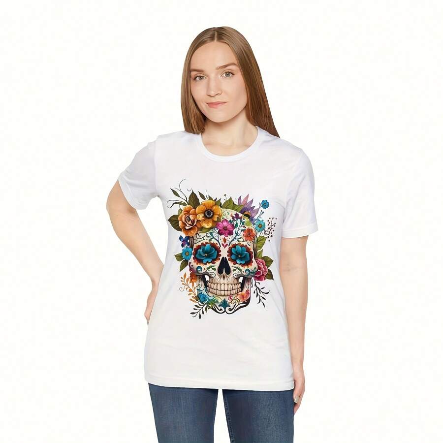 Cute Colorful R Skull Flowers Uni Dia De Los Muertos T-Shirt,Day Of The Dead, Mexican TShirt, Halloween Shirt Costume,  R Tee. 220g Pure Cotton Vestidos Elegantes De Mujer Shirts>Back To School
