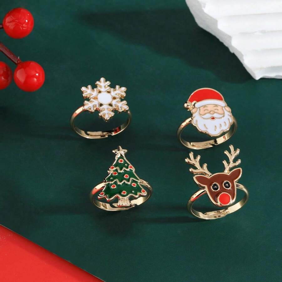 1pc Funny Cartoon Christmas Reindeer & Snowflake Santa Adjustable Ring, Suitable For Gift, Holiday Celebration, Daily Wear, Great For Friends - Multicolor - View 1