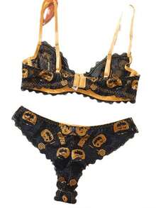 女士黑色万圣节文胸和内裤套装，南瓜个性化可爱蕾丝内衣，南瓜刺绣服装文胸和内裤两件套