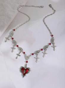 复古哥特式深色 Y2K 哥特红十字心形多层串珠项链，蝙蝠十字甜美朋克风格项链配饰女士 - 紅色 - 查看 4