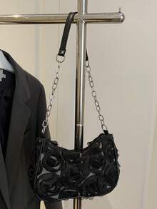 1 件黑色尼龙面料顺滑拉链金属链花卉图案装饰时尚百搭休闲 2025 跨境新款小众单肩手提包，适合女性日常使用