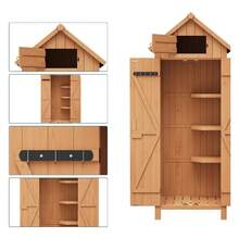 mteryoing 63"/70" Large Outdoor Wooden Storage Shed - Waterproof Vertical Garden Tool Cabinet With 3 Adjustable Shelves, Lockable Door & Roof Storage | Heavy-Duty, Space-Saving For Patio, Yard, Lawn, Backyard - 69.69x28.35x21.46 inches - 查看 9