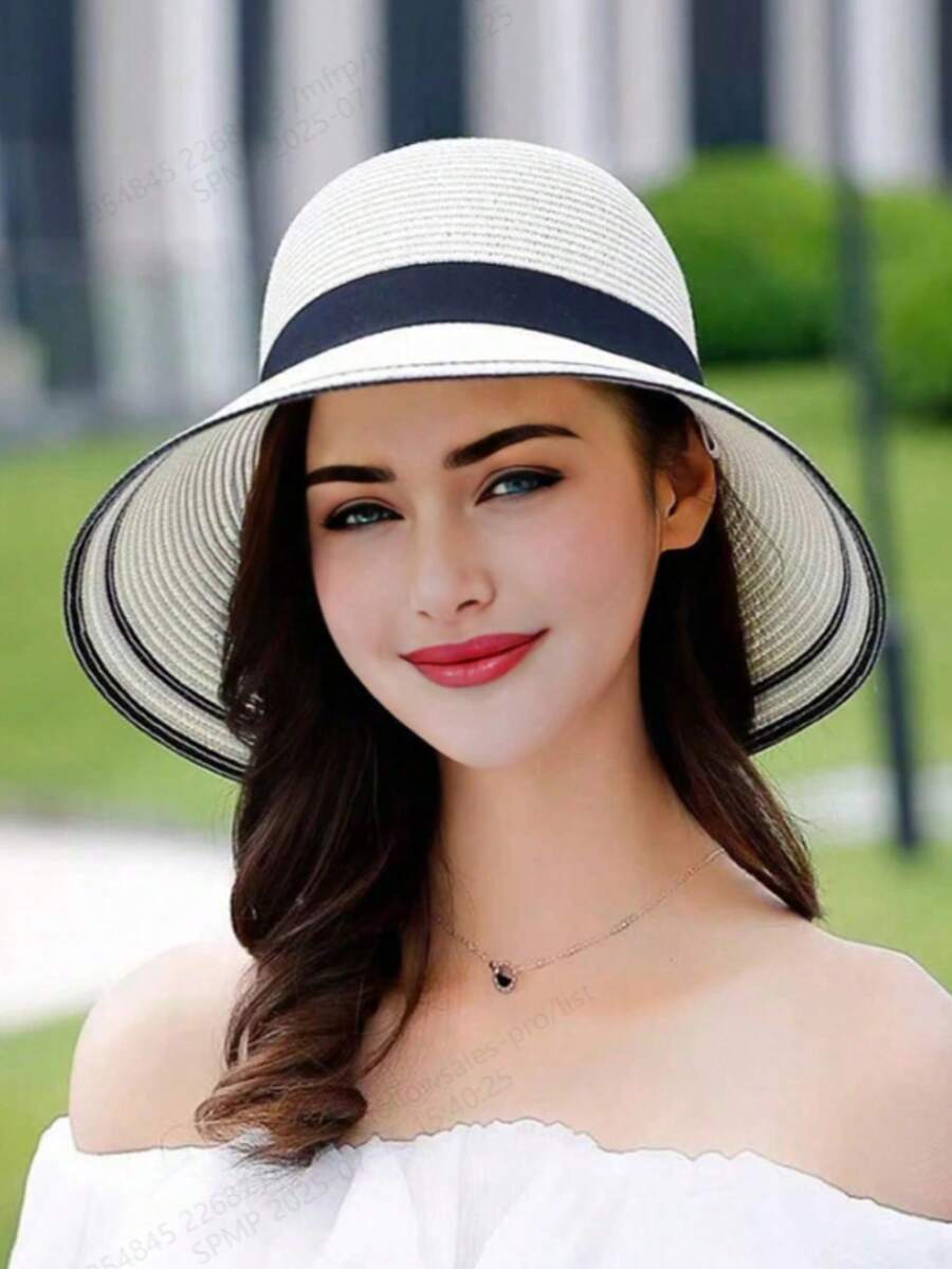 Sombrero de paja multiusos para protección solar y playa, sombrero de playa con ala ondulada y holgado para mujer - Multicolor - Ver 1