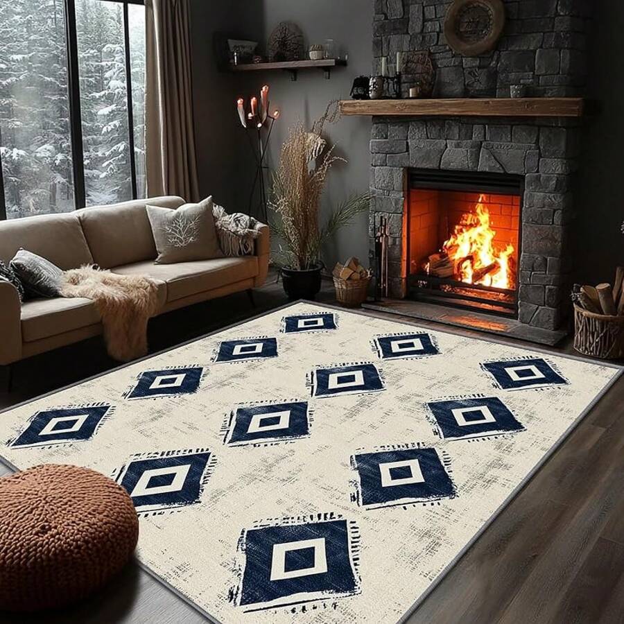 3x5 Rugs, 2x3 Rug, Southwestern Rustic Area Rug, Colorful Geometric Door, Washable & Non - Slip Small Carpet, Home Decor - 米色海軍藍 - 查看 1