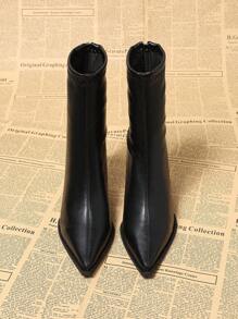 Women's Fashionable Pointy Toe Stiletto Mid-Calf Boots, Versatile Height-Increasing Durable Slip-On Skinny Boots, Suitable For Business, Party, Gathering, Vacation, Wedding, Music Festival - Black - View 3