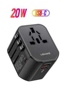 Bộ chuyển đổi du lịch đa năng Usams 20W, Bộ sạc đa năng, Bộ chuyển đổi quốc tế phù hợp với hơn 200 quốc gia, Bộ chuyển đổi nguồn, Phích cắm điện, Bộ sạc tường, Bộ chuyển đổi nguồn AC có sạc USB kép - Phích cắm loại C của EU (220-240V) - Xem 2