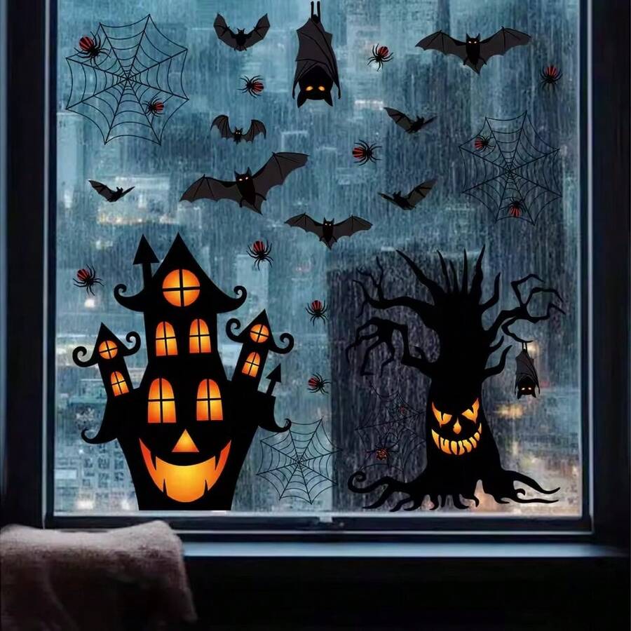 63 Peças/4 Conjuntos Adesivos de Janela de Halloween Decoração de Casa Assombrada, Morcegos, para Porta de Vidro, Geladeira, Festa, Decoração Assustadora para Casa, Decoração Sombria de Feriado