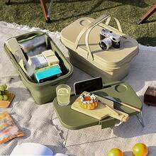 Cesta de picnic plegable de gran capacidad de 1 pieza, caja para acampar al aire libre, cubo plegable, caja de almacenamiento para acampar al aire libre con tapa, cesta de mano para frutas, cesta de almacenamiento para el maletero del automóvil - Caqui - Ver 3