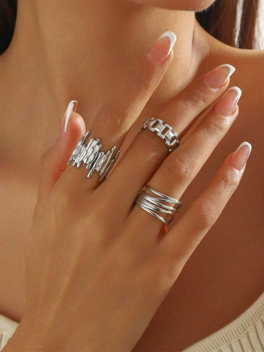 3pcs Adjustable Stainless Steel Gold-Tone Fashion Decorative Rings, Suitable For Daily Wear Or As Gifts - Silver - View 1