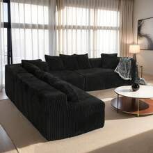 Boneless Couch,Modular U-Shaped Sectional Sofa,130-Inch 4-Seater Chaise Lounge With Reversible Design, Striped Corduroy Fabric In BLACK – Sectional Living Room Or Bedroom Couch, Freely Configurable Layout. - Đen + Polyester + Polyester + 4 chỗ ngồi - Xem 2