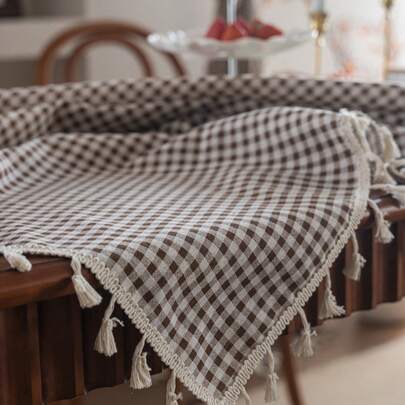 Bubaba 1 件卡其色格子印花厨房矩形桌布，美式波西米亚农舍风格亚麻餐桌布带流苏，家居装饰餐垫，适用于餐厅、厨房、餐桌、派对、节日、酒店、咖啡厅、卧室，四季皆宜