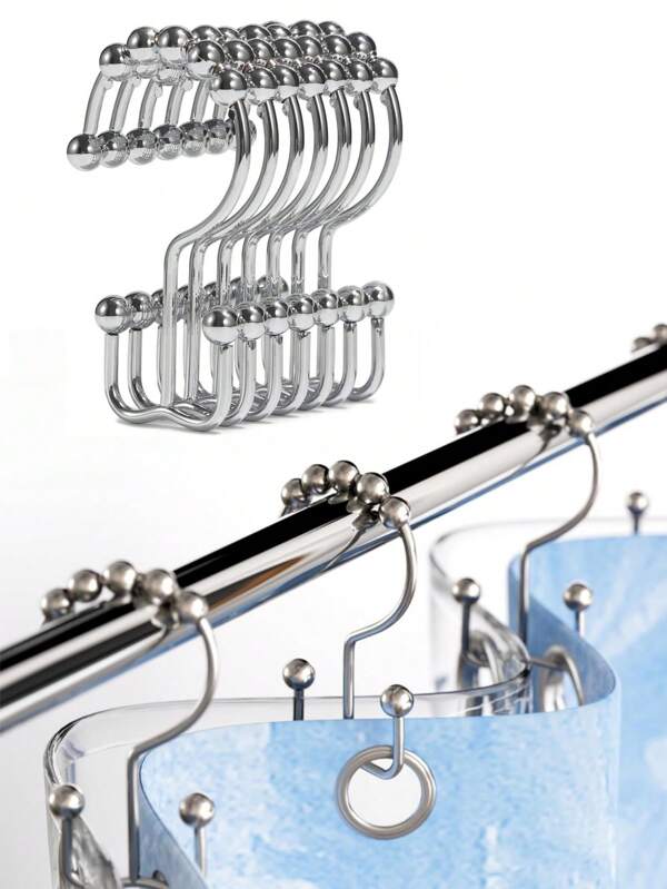 12 piezas Anillos para cortina de ducha, anillos de ganchos de ducha de metal resistente a la oxidación de doble deslizamiento para barras de ducha y cortinas de baño, juego de 12 ganchos - Níquel