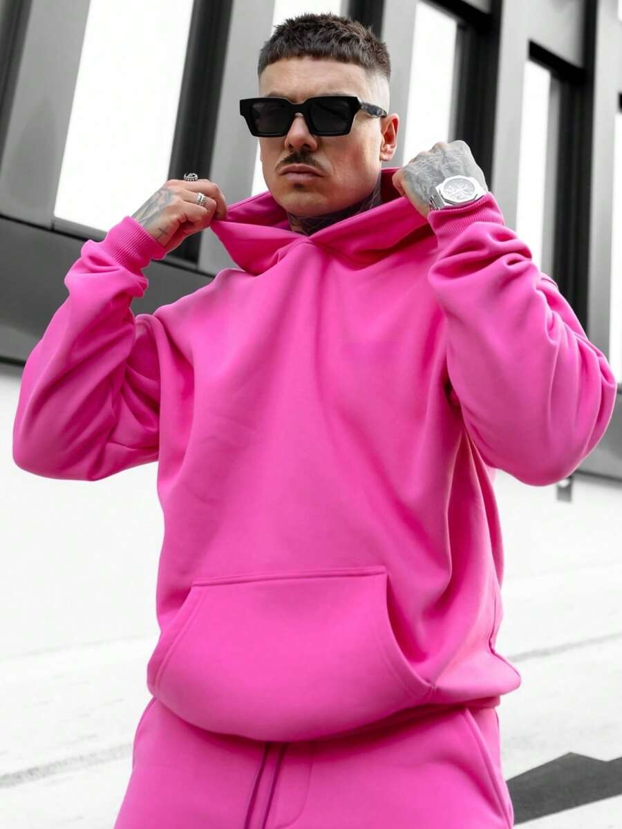 Sudadera con capucha de unicolor versátil y de moda para hombres, otoño - Rosa Fucsia - Ver 1