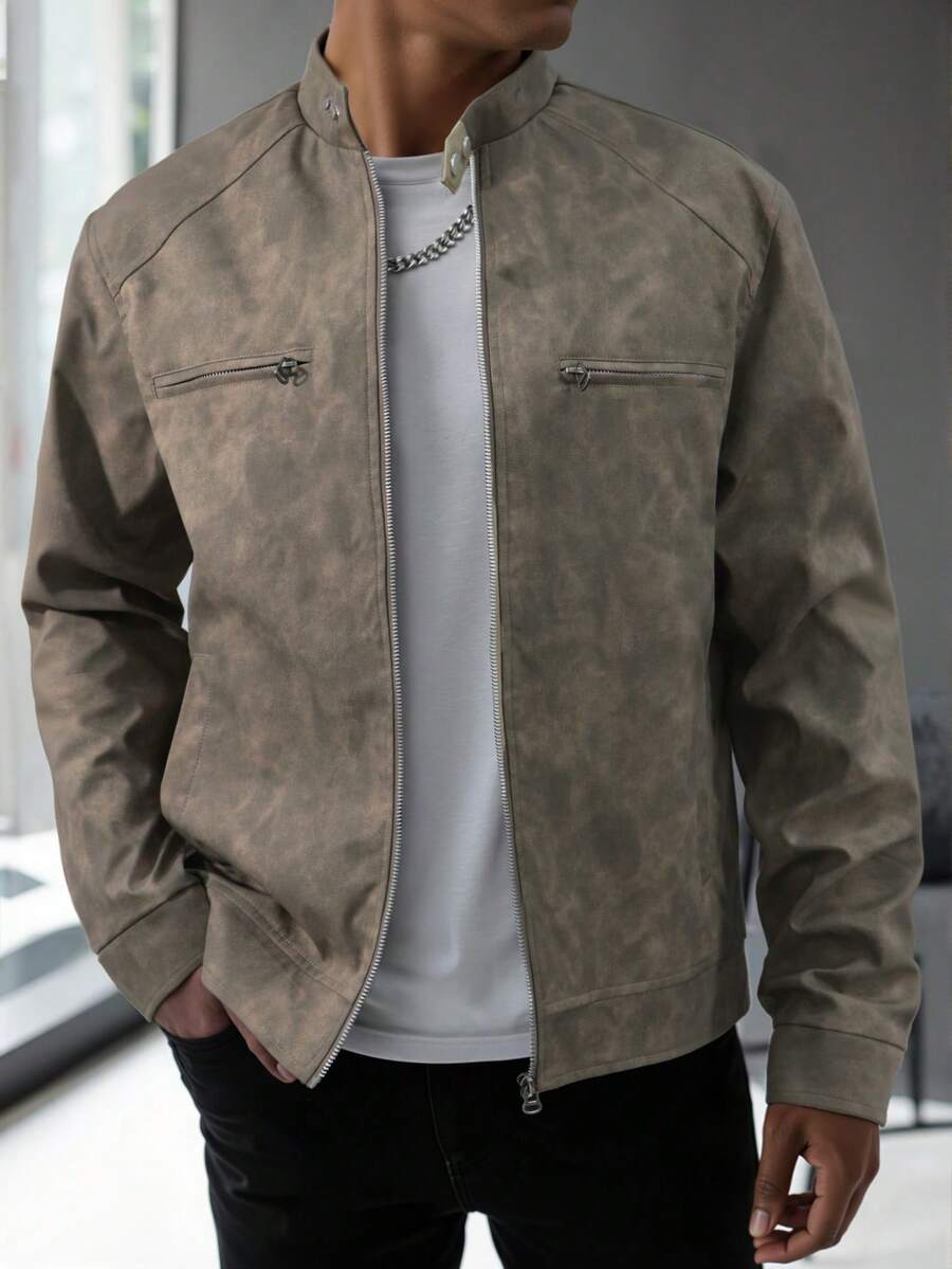 Men Casual Distressed Jacket, Stand Collar Zipper, Suitable For Daily Wear & Commuting, Fall