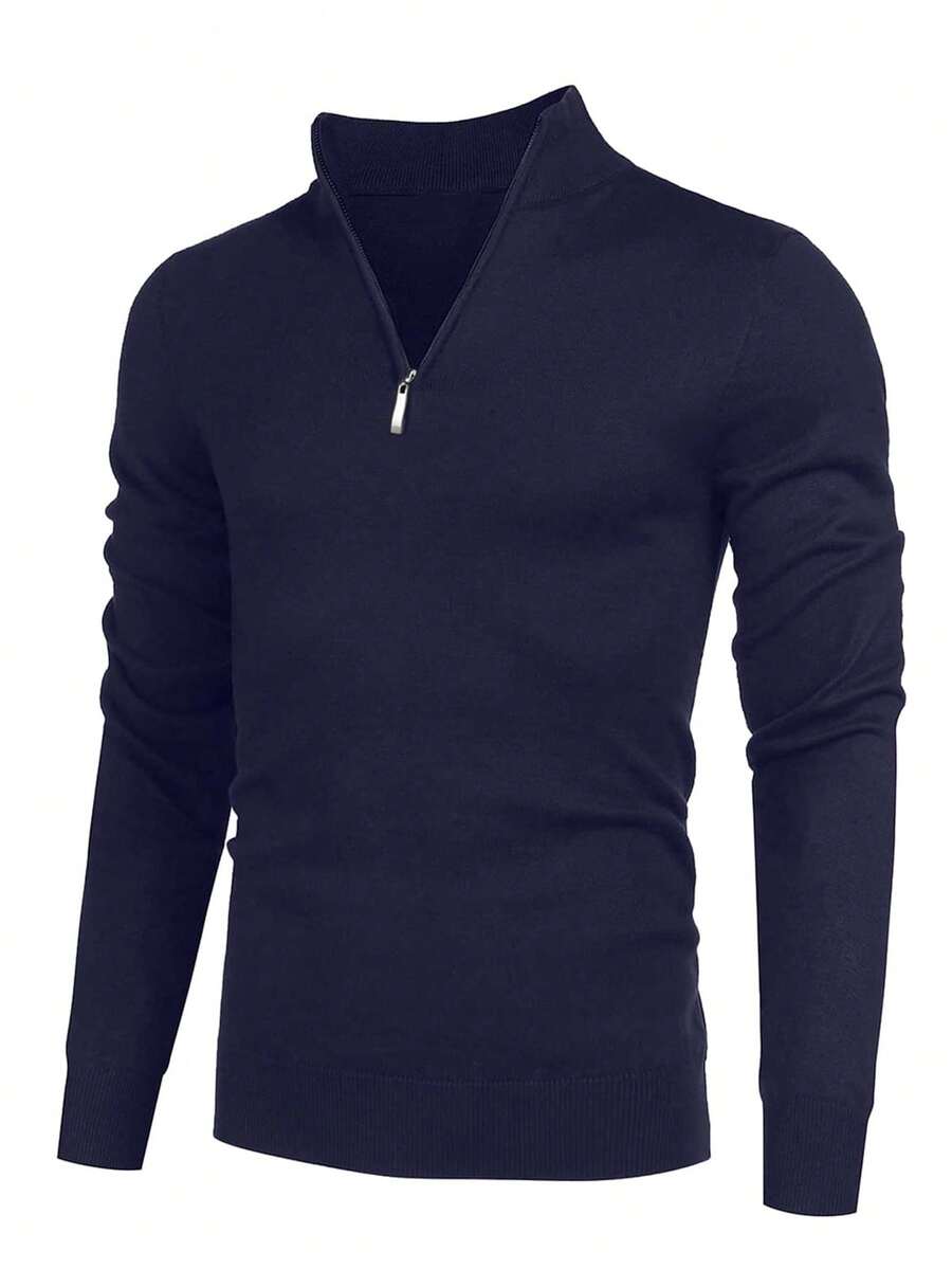 Men's Casual Solid Color Zip-Up Stand Collar Sweater , Fall Winter - Navy Blue - View 1