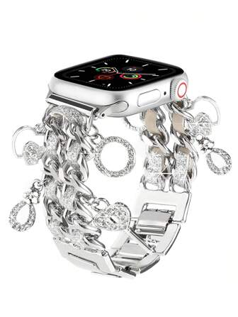 1PC Silver Sparkling Leather Chain Watch Bands With Love Pendant Zinc Alloy Straps 38/40/41/42mm 42/44/45/46/49mm Compatible With Apple Watch Ultra 2/SE/10/9/8/7/6/5/4/3/2/1