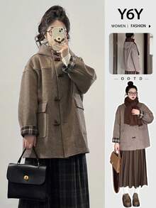 Y6Y 2025 New Vintage Plaid Lapel Oversized Casual Long Sleeve Hooded Coat For Women, Autumn/Winter - Coffee Brown - View 12