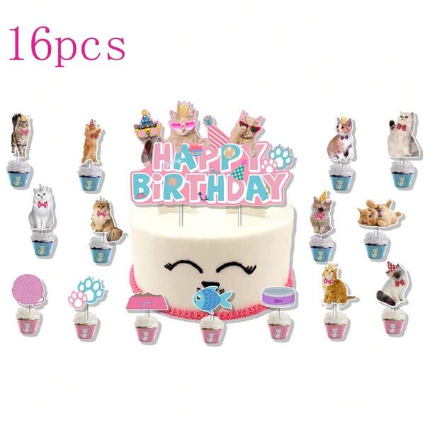 16 pezzi Decorazioni per torta di compleanno a tema gatto, stuzzichini per dessert, decorazioni per pane, bandierine per decorare torte, per feste di compleanno, eventi per animali domestici, fai da te e altre occasioni