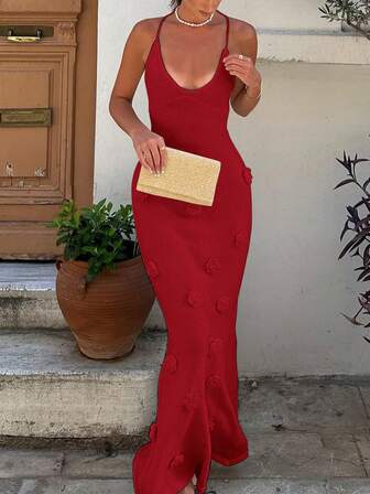 Yuwenier 优雅性感镂空3D手工刺绣花卉针织白色吊带连衣裙，露背修身长款连衣裙，适合夏季海滩度假毛衣裙