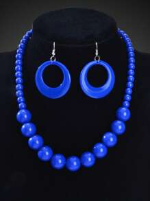 3 Pcs Bohemian Vacation Eye-Catching Jewelry Set Plastic Beads Collar Necklace And Circle Dangle Earrings Exaggerated Jewelry Set - Royal Blue - View 2